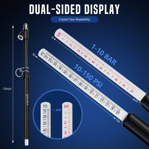 2-pack heavy-duty dual-head tire pressure gauge, 12-inch length, black handle, 10-150 PSI / 1-10 BAR.