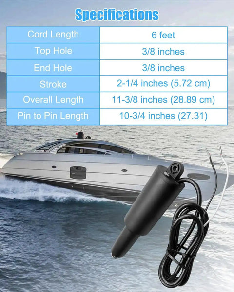 Beefy 12 Volt Boat Trim Tab Actuator with two and a quarter inch stroke and three eighths inch mounting hardware shown with specifications.