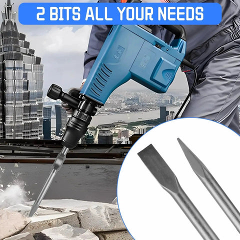 2 Pack Jack Hammer Chisel Set With 1 1/8 Inch Hex Shank Point And Flat Concrete Chisels For Demolition Breaker Drills Ready To Tackle Tough Concrete By LOPYXBR shown in use with circular close-up insert of chisels.