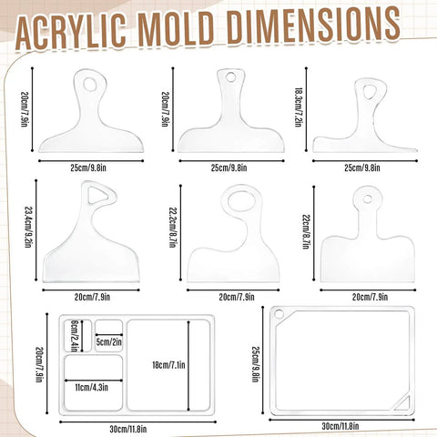 Acrylic mold dimensions for All In One Router Template Kit For DIY Woodworking with charcuterie board handle guides, tray edge templates.