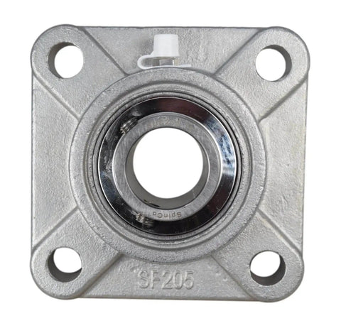 Front view of 1 Inch Stainless Steel Four Bolt Flange Bearing With Grease Zerk, Wide Inner Ring, Two Set Screws, 70mm Bolt Hole Span
