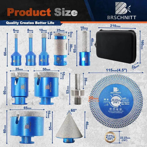 Tile Hole Saw Kit With Diamond Core Bits For Porcelain Ceramic Marble And Granite Tiles Pro Grade Drill Set Includes 1/4 Inch 5/16 Inch 3/8 Inch 1-3/8 Inch 2 Inch 2-1/2 Inch Bits Plus 1 Inch Finger Bit And 2 Inch Chamfer Bit shown with case and drill bits on display.