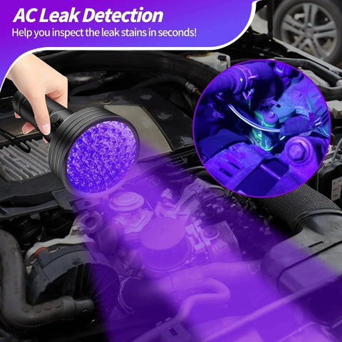 Air Conditioner UV Dye Leak Detector Kit With 68 LED UV Flashlight for auto AC leak testing in engine view