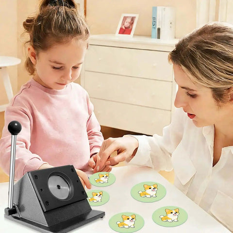 Circle Cutter For Button Making, 1.38 Inch Cutting Diameter 35mm Round Punch shown with child and adult making badges