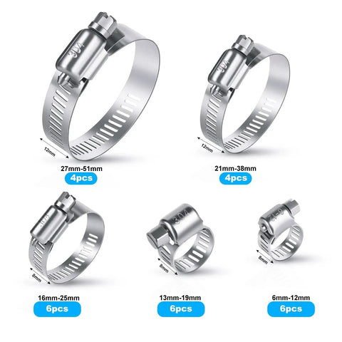 26 Piece Stainless Steel Hose Clamps Assortment Kit One Quarter To Two Inch Adjustable Worm Gear Clamps For Fuel Line Plumbing Automotive Garden Tubes Radiator And Mechanical Applications with 5 sizes shown