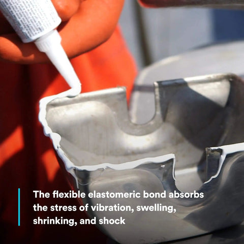 Applying Adhesive Sealant 5200 Fast Cure for Boats & RVs on metal for waterproof bonding.