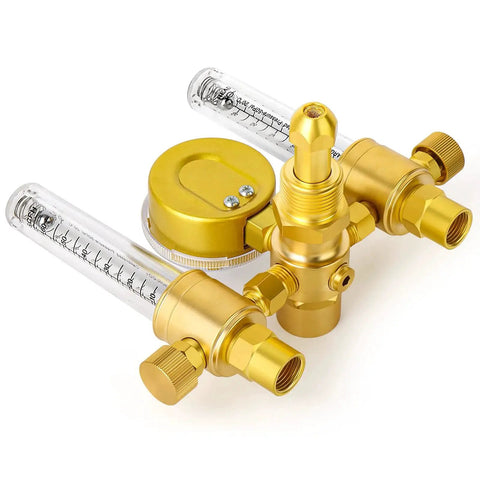 Argon Regulator Flow Meter For TIG MIG Welding With Six Point Five Foot Hose CGA580 Inlet Five Eighth Inch By Eighteen RH Outlet Dual Output Easy Read Two Inch Gauges 0 To 4500 PSI Works With Argon Helium And CO2 Tanks For Home Shop And Pros in a compact gold design