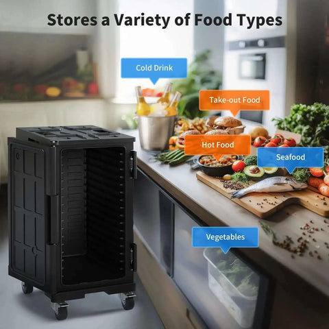 127 Qt Food Warmer Hot Box Carrier with Lockable Wheels and Double Buckles next to various food items in a kitchen