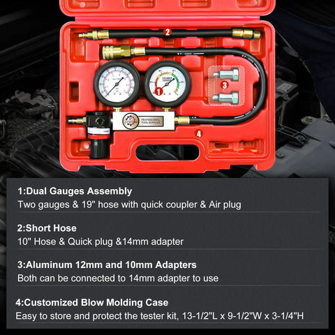 JIFETOR cylinder leak-down tester kit with dual gauges for gas engines, red case, hoses, and 10/12/14 mm adapters