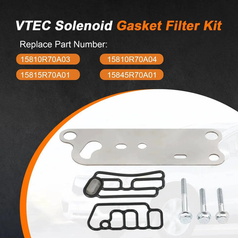 Beefed Up VTEC Solenoid Gasket Filter Kit For Acura RDX 2013 2014 2015 And Honda Accord Crosstour 2010 2011 2012 2013 2014 2015 3.5L V6 Engine Includes 15810R70A03 15810R70A04 15815R70A01 15845R70A01 Cylinder Head VVT Spool Valve Gasket Replacement displayed with components and part numbers