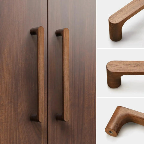 Walnut Round Wooden Drawer Pulls 5 Inch Four Pack for Cabinets and Kitchen Doors mounted on cabinet and close-up angles shown