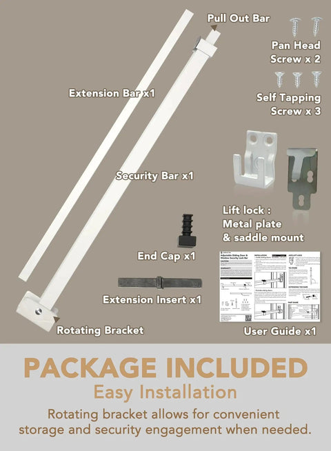 Package contents of Extendable Sliding Door Security Lock Bar For Child Safety, Anti Lift Lock, Adjustable 19 To 51 Inches with parts labeled.
