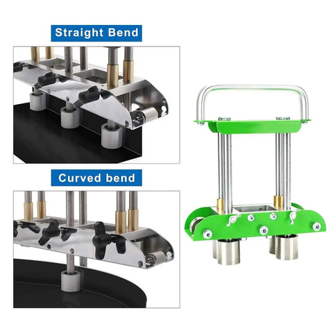 Pro-Grade Three Station Sheet Metal Roller Bender for 0 to 90 Degree Bends, adjustable rollers shown straight and curved bend