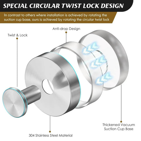 Removable Suction Cup Hooks For Shower And Bathroom Wall with twist lock design, 304 stainless steel, waterproof, two pack silver
