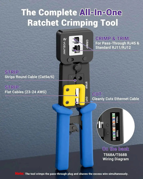 Close-up of All-In-One RJ45 Pass-Through Crimp Tool Kit for Cat6, Cat5e, and Cat5 with blue handles and cutting features highlighted