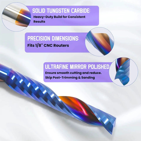 O Flute CNC Router Bit Set, 10 Pieces, One Eighth Inch Shank Tungsten Carbide Upcut Single Flute End Mills features and details