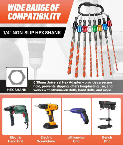 Seventeen Piece Concrete Drill Bit Set With Bit Holder And Keychain Carbide Hex Shank Masonry for cement, brick, tile, glass.