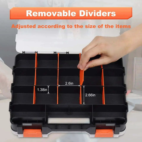 Orange 34 Compartments Double Sided Small Parts Organizer With Removable Dividers And Clear Lid Tackle Box shown with open lid.