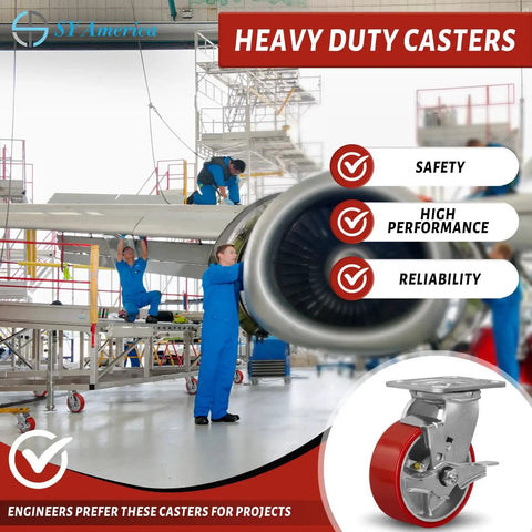 Five Inch By Two Inch Caster Set Of Four Heavy Duty Industrial Casters With Non Marking Polyurethane Tread in aircraft hangar.
