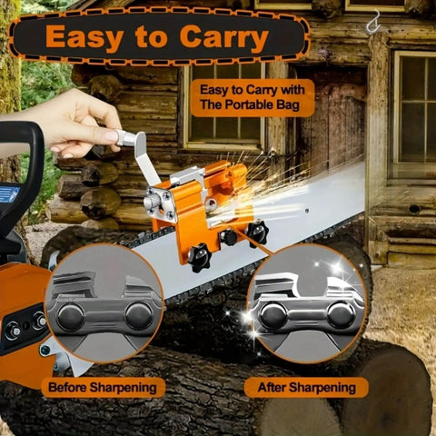 Portable Hand Crank Chainsaw Sharpening Tool With Five Titanium Diamond Bits for quick sharpening revives dull chains in seconds