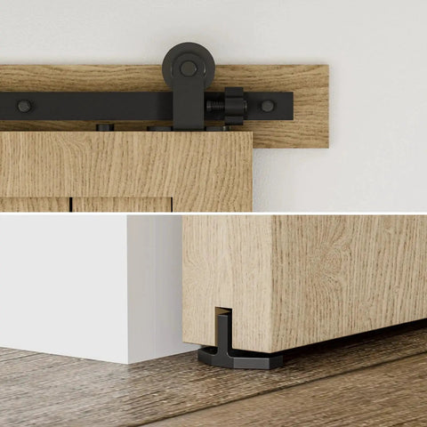 Heavy Duty Top Mount Sliding Barn Door Hardware Kit 6 Ft Track for Single Door Use with close-up on roller and track detail.