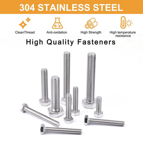 Heavy Duty Stainless Steel Bolts Kit With 304 Stainless M6 M8 M10 Hex Bolts Nuts Washers And Screws, 9 Common Sizes, 190 Pieces, Built To Last Rust Resistant Hardware Set For Construction Repairs And DIY Projects VIGRUE, showing various hex bolts