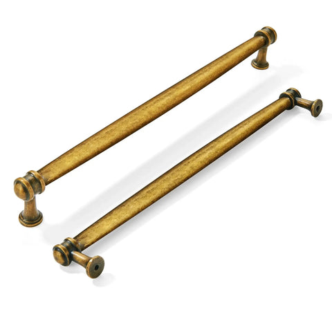 10 Inch Antique Brass Cabinet Pulls 2 Pack Heavy Duty Zinc Alloy Handles with flat brushed brass finish, shown side by side.