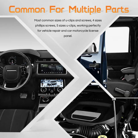 170 Piece Car U Clip And Screw Kit With 10 Sizes For Dash Panels Door Trim Bumpers And Interiors Pro Grade Heavy Duty Automotive U Nut Clip Set By OTUAYAUTO Heat Treated Steel; image showing interior and engine parts.