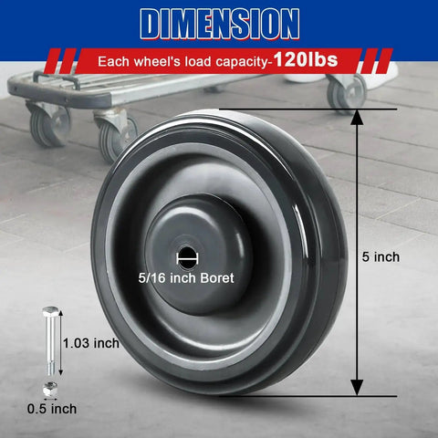 Shopping Cart Replacement Wheels Kit 12 Pack 5 Inch TPU Silent Supermarket Casters With Double Ball Bearings shown with dimensions and bolts