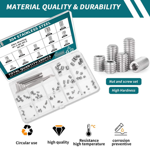 100 Piece Allen Screws Set Kit M3 M4 M5 M6 M8 With Allen Keys Heavy Duty Built To Last 304 Stainless Steel Cup Point Fasteners