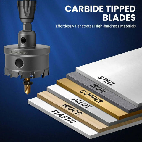 Carbide tipped hole saw cutting steel, iron, copper, alloy, wood, plastic from 16 Piece Heavy Duty Carbide Hole Saw Kit With Titanium Plated TCT Bits For Metal Wood Plastic Iron Industrial Grade Hole Cutters For DIY And Professional Projects Beast Tough Cuts Rust Resistant Durable Fast Cutting