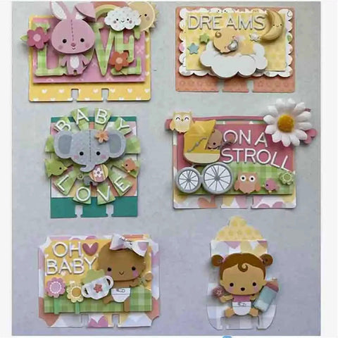 Handmade baby-themed cards using Silicone Stamp And Die Set For Card Making And Scrapbooking, featuring cute animal designs and pastel colors.
