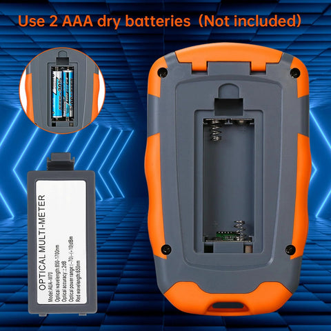 Duogalia fiber optic tester with orange-gray handheld unit and optical multimeter module; built-in 10km VFL and FC-to-LC adapter
