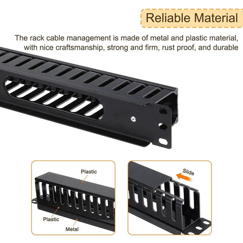 Side view of Two Pack 1U 19 Inch Cable Manager for Network Cabinets, featuring 24-slot heavy-duty metal finger duct, black