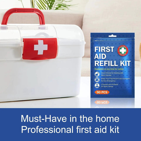 90 Piece First Aid Refill Kit For Home Travel And Hiking, with box and essential medical supplies displayed on a table.