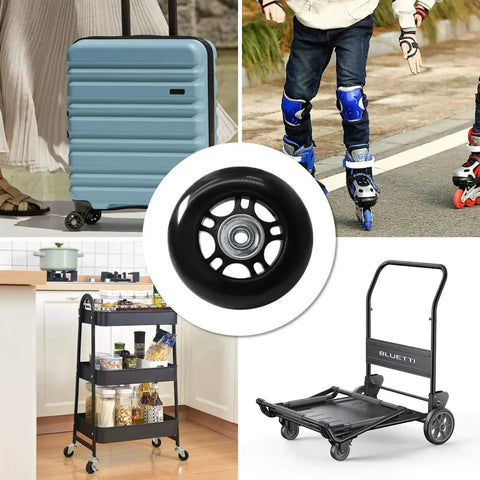 Image of a 75 By 24mm Luggage Wheel Replacement Kit With Two Smooth Rolling Suitcase Swivel Wheels And All Hardware Included For Carry On Trolleys Travel Cases Durable Repair Set Includes Two Axles Screws Washers And Wrench For Easy Installation, shown in various usage scenarios, including suitcases and trolleys.