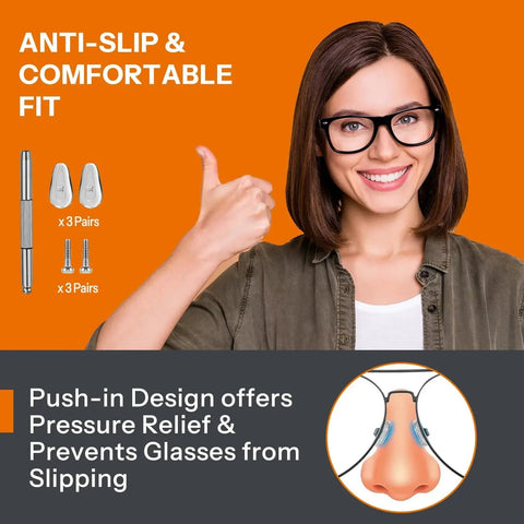 Smiling woman demonstrating glasses fit with 8 In 1 Glasses Cleaning Kit With Anti Fog Spray Cleaner Tool And Cloths, anti-slip design