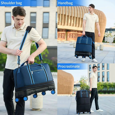 Man showcasing Detachable Wheel Rolling Duffle Bag With Expandable Capacity, worn on shoulder and rolled, in urban setting.