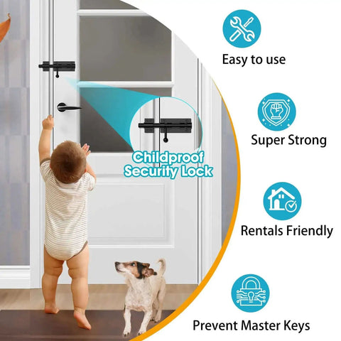 6.3 Inch Beefy Heavy Duty Barrel Bolt Gate Latch for childproof security on a white door, toddler standing near the lock