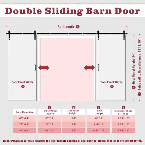 Diagram of 60 Inch By 84 Inch Sliding Barn Door Set With Hardware Kit White Primed Solid Wood And MDF Panel Pre Drilled For Easy Assembly V Frame Design dimensions and installation instructions.