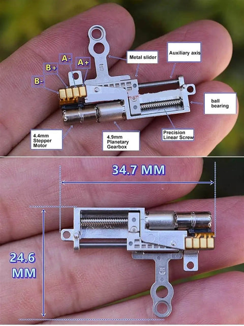 Tiny But Mighty 5mm Planetary Gearbox Stepping Motor With Ball Bearing Linear Screw And Slider Nut For Precision Positioning And Lifting Actuator, shown in hand for scale, compact design.