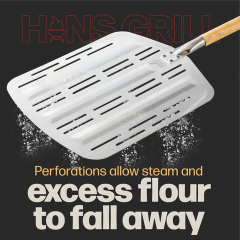 Pizza Peel Pro For XL Pizzas Perforated Nonstick Paddle For Crispy Crusts And Quick Venting shown with wooden handle