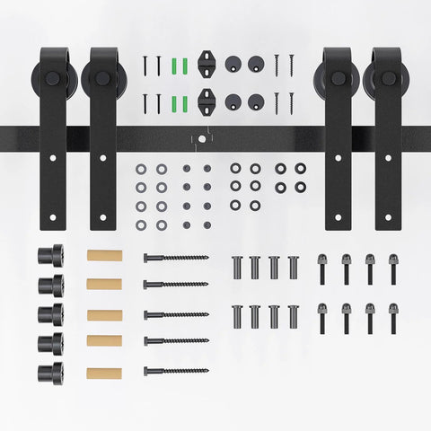 Four Foot Sliding Barn Door Hardware Kit For Double Doors, Heavy Duty Carbon Steel Track System, J Shape Hangers, mounting screws