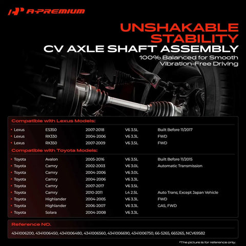 CV Drive Axle Shaft Assembly Front Right Passenger Side installed in Toyota Camry or Lexus ES350, showcasing stability and compatibility.