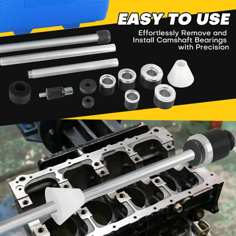 Cam Bearing Removal And Installation Tool Set Universal For Camshaft Bearings From 1.125 To 2.690 Inches, tools displayed and in use