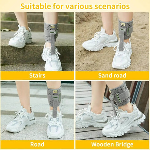 Drop Foot Ankle Brace Orthosis With Cushioned Comfort used on various surfaces like stairs, sand road, pavement, and wooden bridge