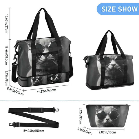 Waterproof Sports Gym Bag With Dry Wet Compartment And Shoe Storage, Large Capacity Duffel For Workout Travel Yoga And Swim, Gray Cat With Sunglasses Design.