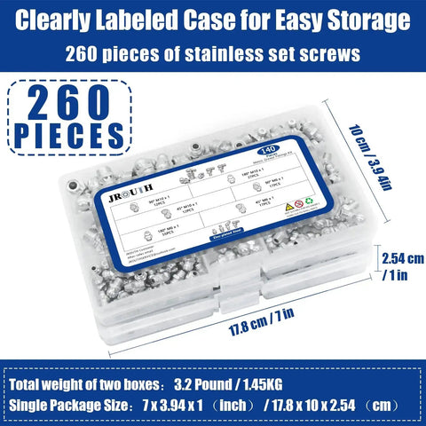 Clear plastic case containing 260 pieces of stainless set screws with labeled compartments, dimensions 17.8 cm x 10 cm x 2.54 cm.