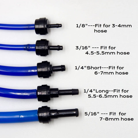 BBTUS PA66 automotive spring check valves set on blue hoses; sizes 1/8, 3/16, 1/4 short, 1/4 long, 5/16; Amazon brand.