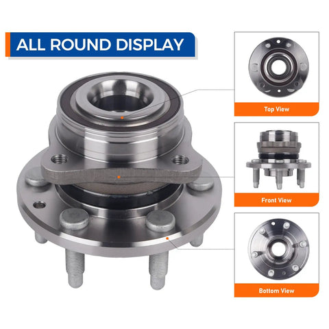 4WD Front Wheel Bearing Hub Assembly for 2015-2022 Chevy Colorado and GMC Canyon with ABS, showing top, front, and bottom views